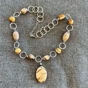 Jasper and silver-tone statement necklace with a large oval pendant 18” Long